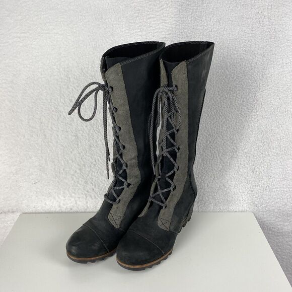 Sorel Boots Womens Size‎ 8.5 Black Cate The Great Wedge Tall Waterproof Lace Up - Picture 1 of 15